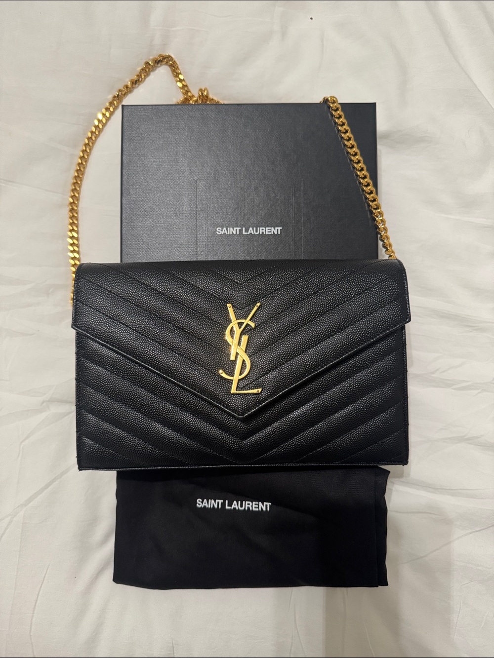 Saint Laurent Black Quilted Chevron YSL Chain Shoulder Bag with Gold Hardware